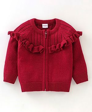 Babyhug Knit Full Sleeves Front Open Sweater with Frill Details - Maroon