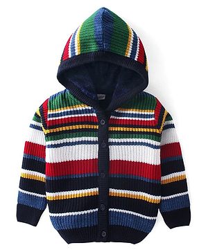 Babyhug Knitted Full Sleeves Front Open Hooded Sweater with Stripes - Multicolour