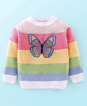 Babyhug 100% Acrylic Knit Full Sleeves Striped Sweater with Butterfly Design - Multicolour