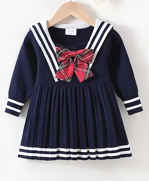 Kookie Kids Full Sleeves Winter Wear Frock With Bow Applique Stripes Design- Navy Blue