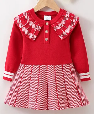 Kookie Kids Full Sleeves Winter Wear Frock Chevron Design- Red