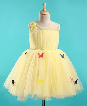 Bluebell Net Sleeveless Party Frock Butterfly Patch with Corsage - Lemon Yellow
