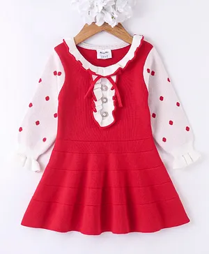 Kookie Kids Viscose Full Sleeves Winter Wear Frock With Frill Detailing- Red