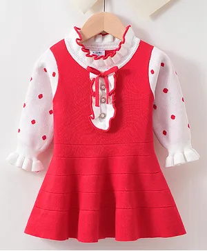Kookie Kids Viscose Full Sleeves Winter Wear Frock With Frill Detailing- Red