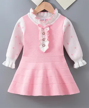 Kookie Kids Viscose Full Sleeves Winter Wear Frock With Frill Detailing- Pink