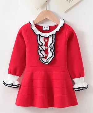 Kookie Kids Viscose Full Sleeves Winter Wear Frock With Frill Detailing- Red