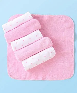 Babyhug Cotton Knit Hand and Face Towels Polka Dot Print Pack of 6 - Pink & White