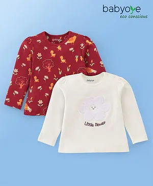 Babyoye 100% Cotton Eco Conscious Full Sleeves T-Shirts With Embroidery & Floral Print Pack of 2- White & Red