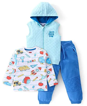 Babyhug Terry Cotton Knit Full Sleeves Tee & Lounge Pants Set with Hoodie Stationery Print - Blue