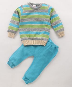 Babyhug Knit Full Sleeves Striped Sweater Set - Blue