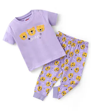 Babyhug Cotton Half Sleeves Night Suit Tiger Print- Purple