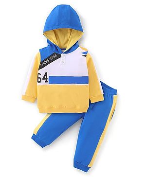 Babyhug 100% Cotton Terry Knit Full Sleeves Hooded T-Shirt and Lounge Pant Set Text Print - Blue Yellow & White