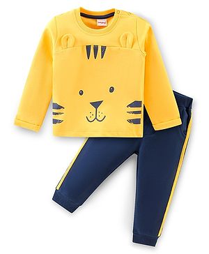 Babyhug Cotton Full Sleeves T-Shirt & Lounge Pant Set Tiger Print- Yellow & Navy Blue