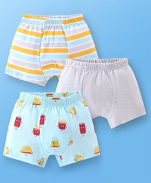 Babyhug 100% Cotton Briefs Striped & Fries Print Pack of 3 - Blue & Yellow