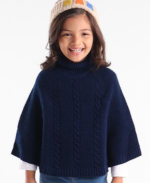Babyhug Knit Solid Woollen Poncho Cable Knit Design - Navy Blue