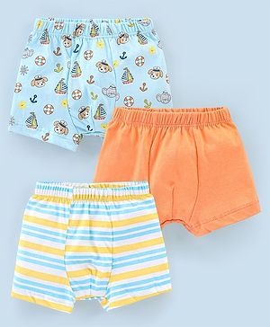 Babyhug 100% Cotton Knit Briefs Stripes & Elephant Print Pack of 3 - Orange & Blue