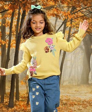 Babyhug Knit Fulkl Sleeves Sequins Embroidered Pullover - Yellow