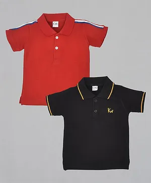 Kiwi 100% Cotton Pack Of 2 Half Sleeves Side Tape Detailed Polo Tees - Red Black