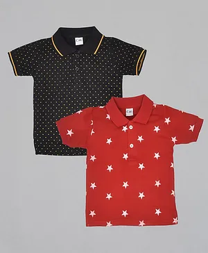 Kiwi 100% Cotton Pack Of 2 Half Sleeves Polka Dots & Stars Printed Polo Tees - Red Black