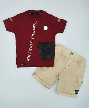 Kiwi 100% Cotton Half Sleeves Attitude Was Different Text Printed Tee With Wings Printed Shorts - Maroon