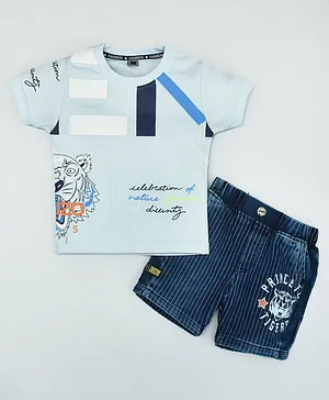 Kiwi 100% Cotton Half Sleeves Nature & Diversity Tiger Printed Tee With Striped Shorts - Blue