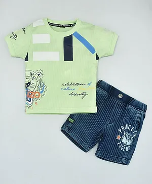 Kiwi 100% Cotton Half Sleeves Nature & Diversity Tiger Printed Tee With Striped Shorts - Green