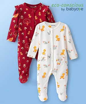 Babyoye Eco Conscious 100% Cotton Knit Full Sleeves Duck Printed Footed Sleep Suits Pack of 2 - Multicolour
