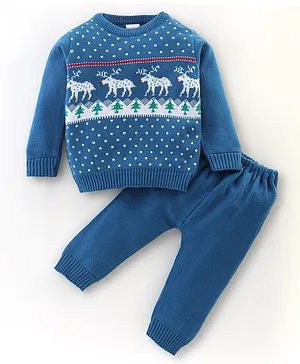 Babyhug 100% Acrylic Knit Full Sleeves Baby Sweater Sets Animal Print - Blue