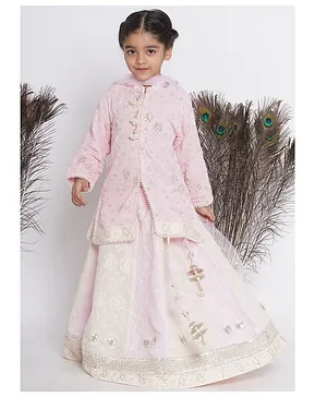Little Bansi Full Sleeves Gota Patti Detailed Banarasi Kali Worked Lehange Kurta With Dupatta - Baby Pink