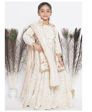 Little Bansi Three Fourth Sleeves Floral Motif Foil Printed Ruffled Tiered Kurta Dress With Mughal Jacket Set - Ivory