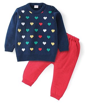 Babyhug Full Sleeves Sweater and Pant Set Heart Design - Navy Blue