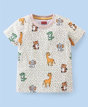 Babyhug Cotton Half Sleeves T-Shirt Tiger & Giraffe Print- White & Peach