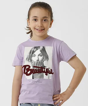 Kate & Oscar Terry Work Text Detailed  And Girl Printed T-Shirt - Purple