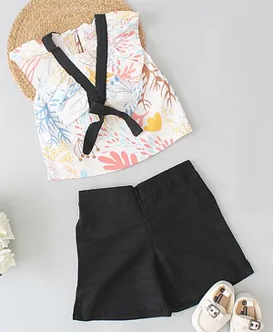 Qvink Cap Frill Sleeves Forest Theme Printed Summer Top With Contrast Shorts - White & Black