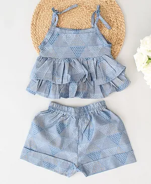 Qvink Sleeveless Floral Motif Triangle Design Printed Ruffled Frill Top With Coordinating Shorts - Blue