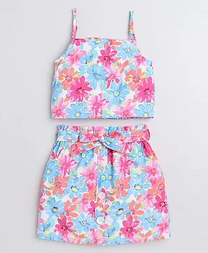 Taffy Sleeveless  Floral Printed Singlet Crop Top With Tie Up Detail Skirt Set - Multi Colour