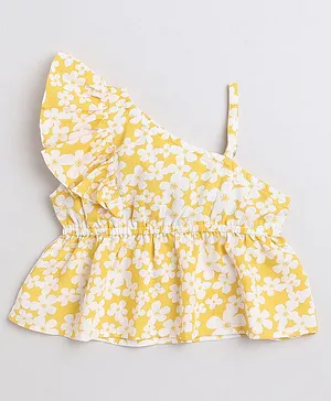 Taffykids One Shoulder Flutter Sleeves  Floral Printed One Ruffle Detailed Peplum Top  -Yellow