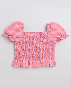 Taffykids Puffed Short Sleeves Checkered & Smocked Bodice  Crop Top - Purple & Pink