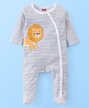 Babyhug Cotton Full Sleeves Sleep Suit Lion & Stripes Print- Lavender & White