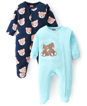 Babyhug Cotton Knit Full Sleeves Footed Sleep Suits Teddy Print Pack Of 2 - Blue