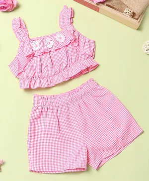 Nauti Nati Sleeveless Mini Checked Floral Appliqued Top & Shorts Set  - Pink