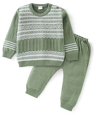 Babyhug Knitted Full Sleeves Baby Sweater Set Cable Knit Design - Green