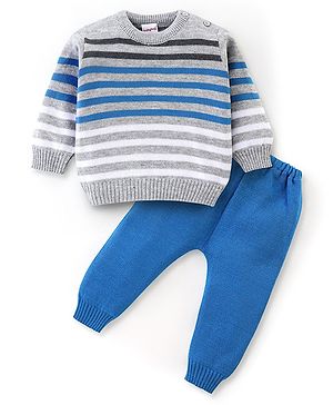 Babyhug Full Sleeves Striped Baby Sweater Set - Grey Blue
