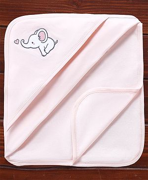 Babyhug Cotton Knit Elephant Embroidered  Hooded Wrapper- Peach