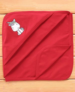 Babyhug Unicorn Embroidered Cotton Knit Hooded Wrapper- Red