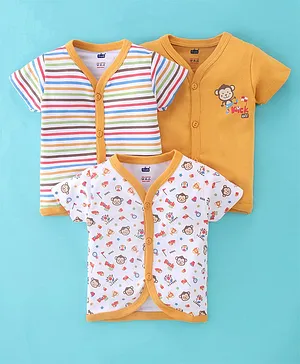Simply Interlock Cotton Half Sleeves Vests Stripes & Monkey Print Pack of 3 - Golden & White