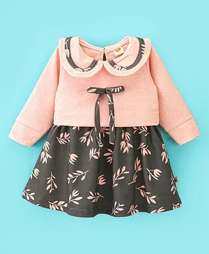 Dew Drops Cotton Seude Full Sleeves Frock With Ribbon Detailing Leaf Print- Peach