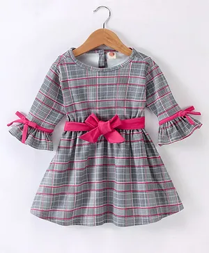 Dew Drops Suede Full Sleeves Checked Frock - Pink & Grey
