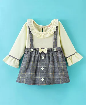 Dew Drops Cotton Full Sleeves Top & Skirt Set with Suspender & Checks Print - Yellow & Blue