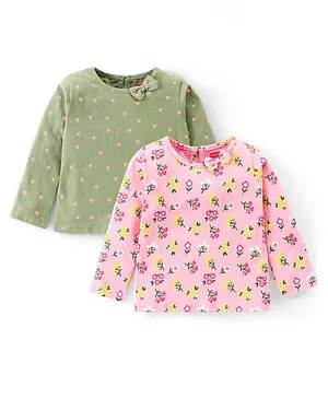 Babyhug Cotton Full Sleeves Tee with Floral Print & Bow Detailing Pack of 2 - Green & Pink